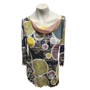INAC Korea Abstract Print Top L Multicolor Stretch 3/4 Sleeve Artsy